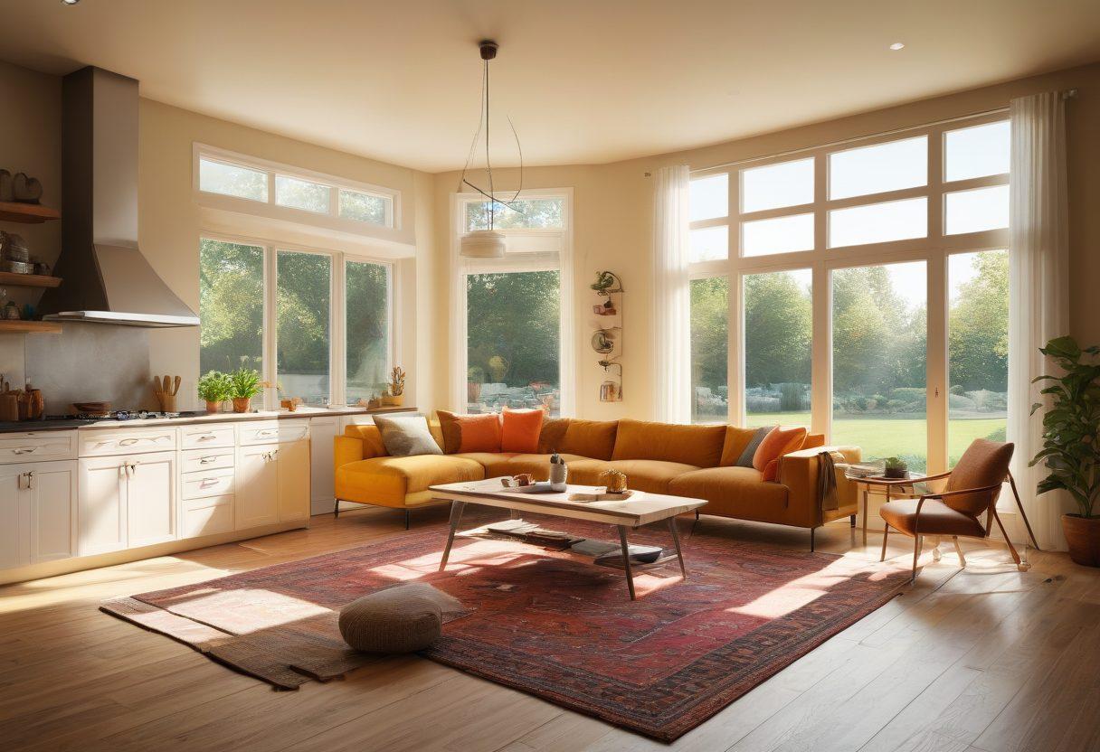 A cozy, modern home interior showcasing various home improvement projects in progress, including a stylish kitchen renovation, a vibrant garden makeover, and a DIY living room update with tools scattered around. Bright sunlight pours in through large windows, illuminating the creative atmosphere. Include visual ratings stars and checklists hovering in the air to symbolize expert tips and contractor ratings. vibrant colors. super-realistic. warm sunlight.