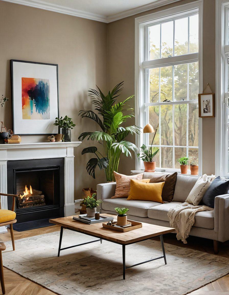 A beautifully renovated home interior showcasing a blend of modern and classic styles. Include a cozy living room with warm lighting, vibrant houseplants, and tools spread out on a stylish coffee table. A colorful mood board in the background displaying renovation ideas and color palettes, symbolizing creativity and inspiration. Bright natural light streaming through large windows to highlight the transformation. super-realistic. vibrant colors. cozy atmosphere.